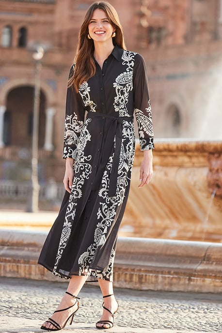 Black & White Floral Print Belted Midi Shirt Dress