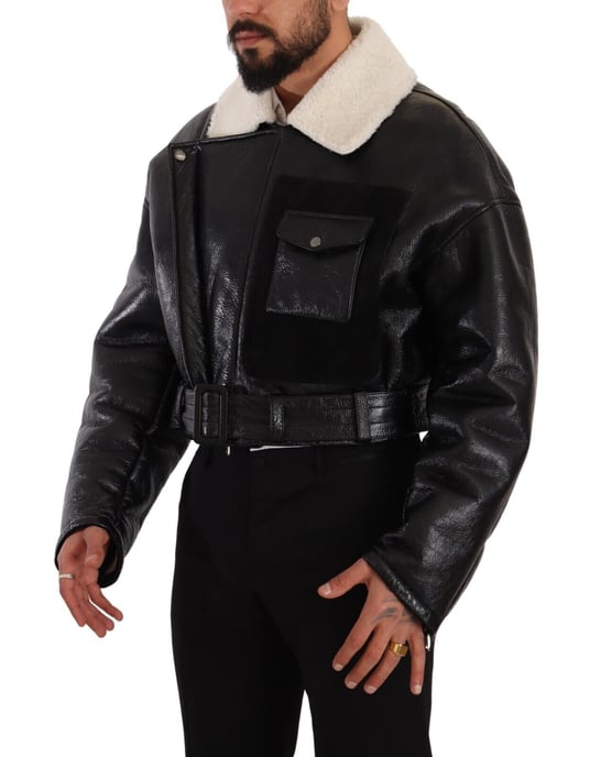 Dolce & Gabbana Herren schwarze Leder-Schaffell-Bikerjacke - Image 2