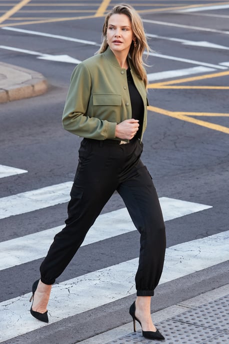 Black Satin Utility Trousers With Gold Buckle