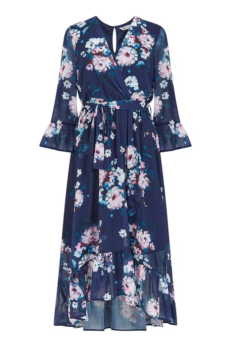 Navy Watercolour Floral Dip Hem Midi Dress