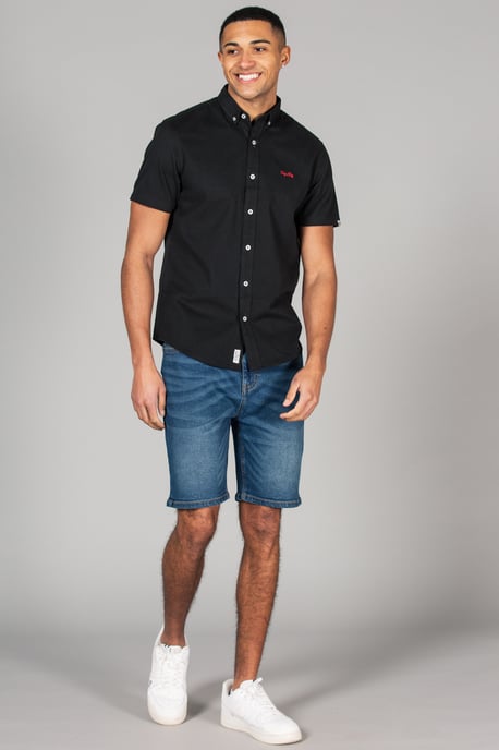 Black Cotton Short Sleeved Button-Up Oxford Shirt