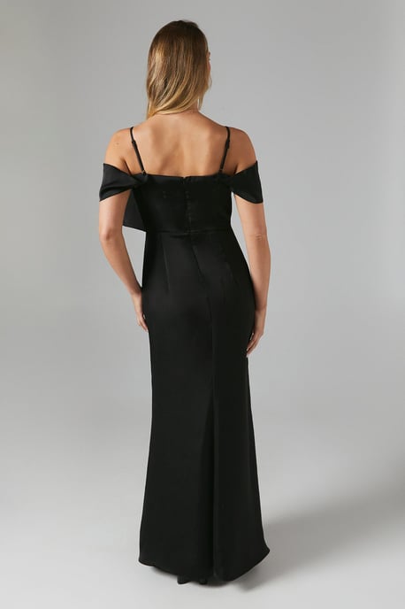 Draped Bardot Tie Detail Satin Bridesmaids Maxi Dress