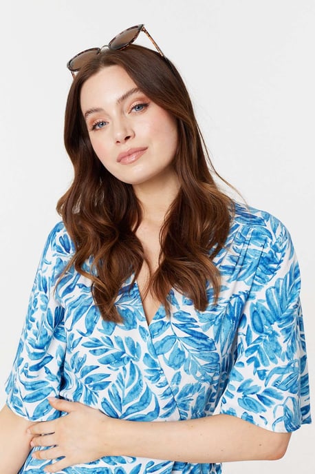 Blue Leaf Print 1/2 Sleeve Wrap Dress