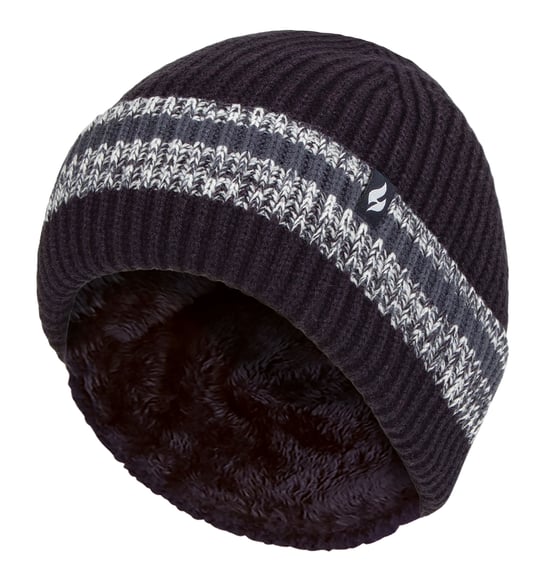 Mens Turnover Cuff Winter Beanie | Wärmehalter | Gestrickte gestreifte Thermomütze - Denim - Image 1