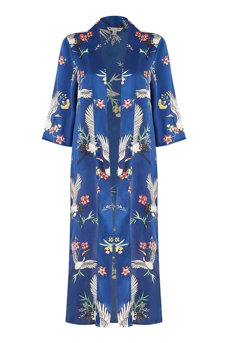 Yumi Navy Satin Crane Print Kimono