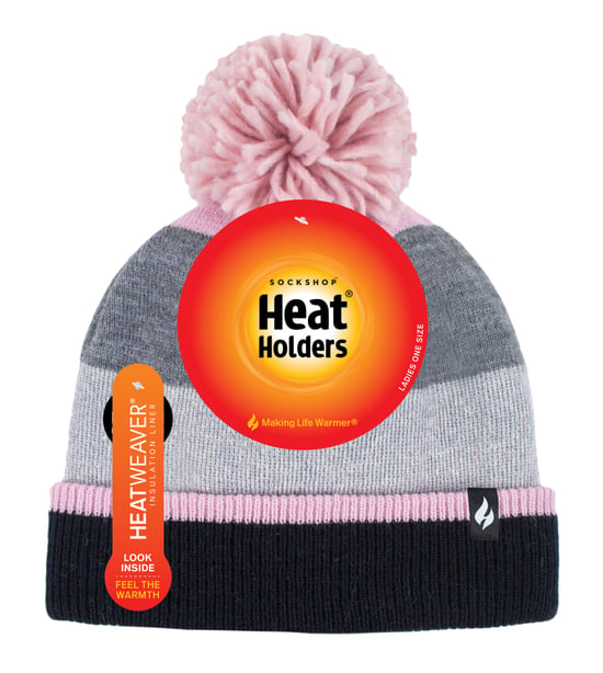 Heat Holders - Ladies Warm Knit Fleece gefüttert Winter Warm Hat mit Pom Pom - Grau / Rosa - Image 2
