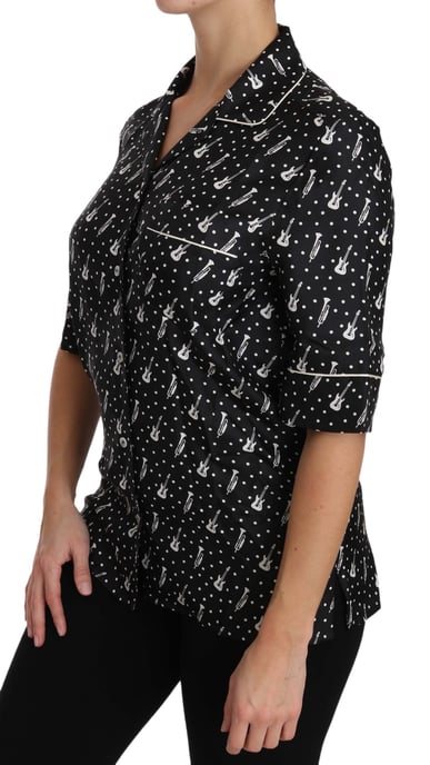 Dolce & Gabbana Damen Seidenhemd mit schwarzem Gitarren- und Trompetendruck - Image 2