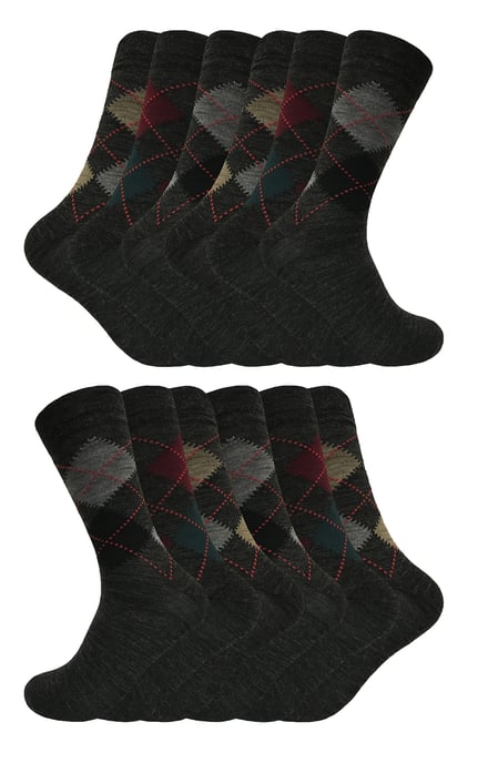 12 Paar Multipack Herren Lambswool Socken | Sock Snob | Dünne und weiche Honeycomb Top Argyle Patterned Socken - Grau - Image 1