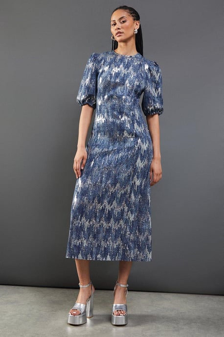 Premium Sequin Denim Fitted Puff Sleeve Midi Dress - Image 1