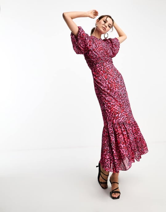 Whistles puff sleeve midi dress in pink leopard