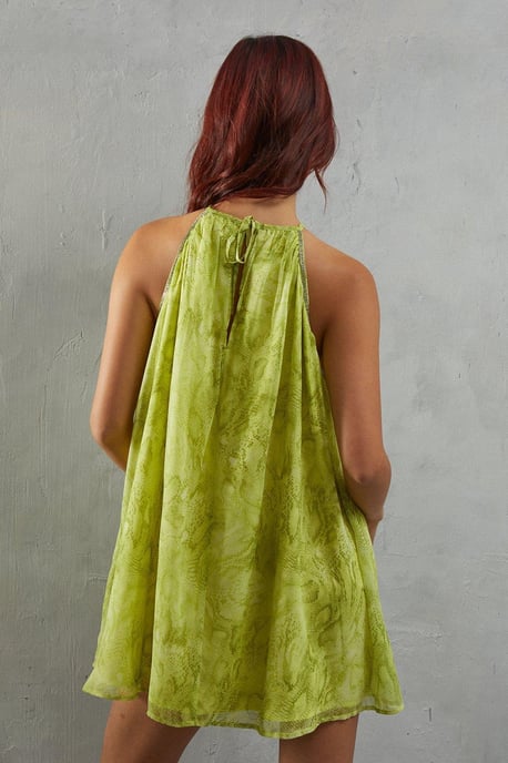 Embellished Chiffon Snake Print Halter Mini Dress