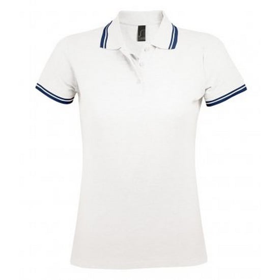 SOLS Womens/Ladies Pasadena Tipped Short Sleeve Pique Polo Shirt (White/Navy)
