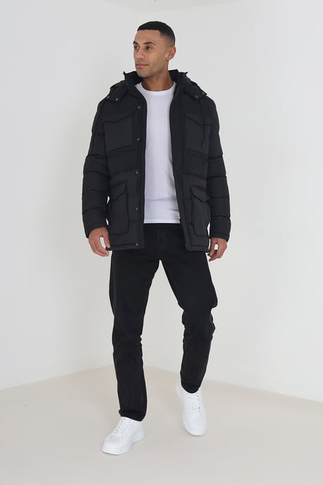 Black 'Windsurf' Mixed Fabric Hooded Puffer Parka Jacket