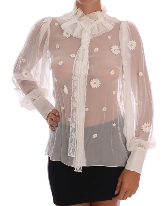 Dolce & Gabbana Weiße Gänseblümchen Applikation Seidenhemd - Image 2