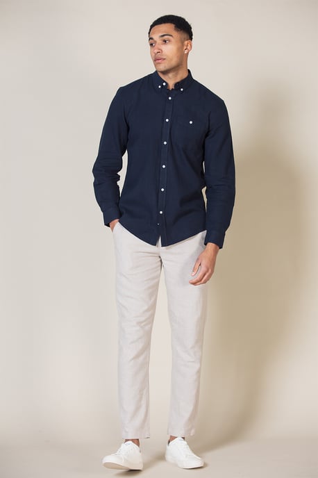 Navy Linen Blend Long Sleeve Button-Up Shirt With Chest Pocket