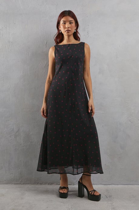Heart Print Chiffon Slash Neck Bias Sleeveless Midi Dress - Image 1