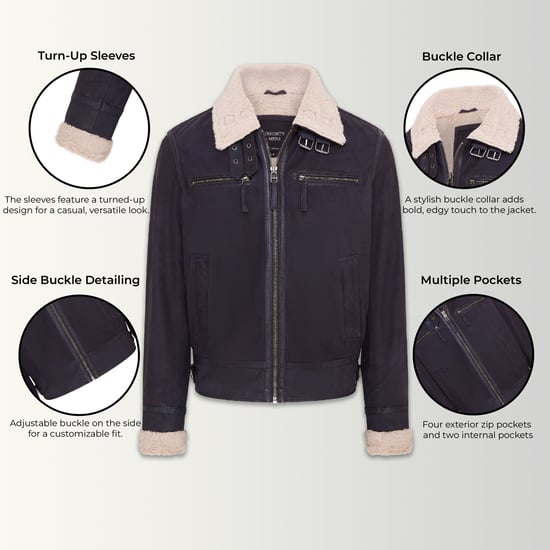 Mens Blue Real Sheep Suede Bomber Aviator Jacket - Sandnes