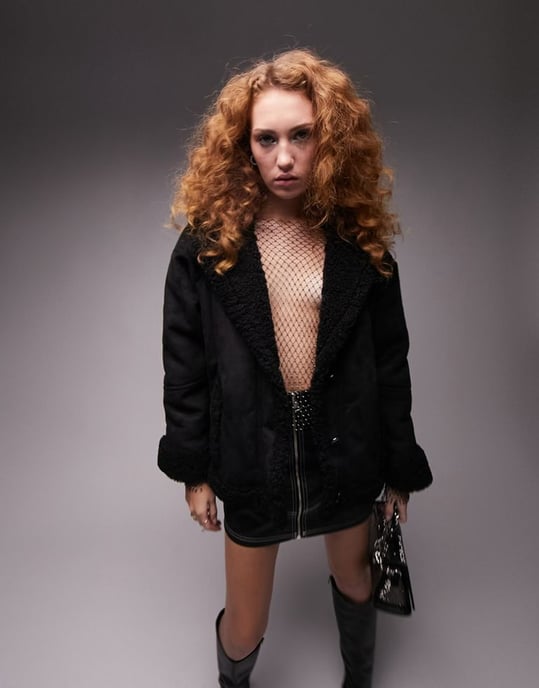 Topshop faux shearling car coat in black