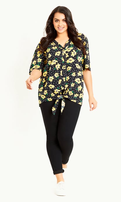 EVANS Women's Tie Front Print Top - black