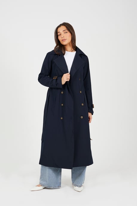 Navy Double-Breasted Longline Trench Coat With Detachable Hood - Image 3