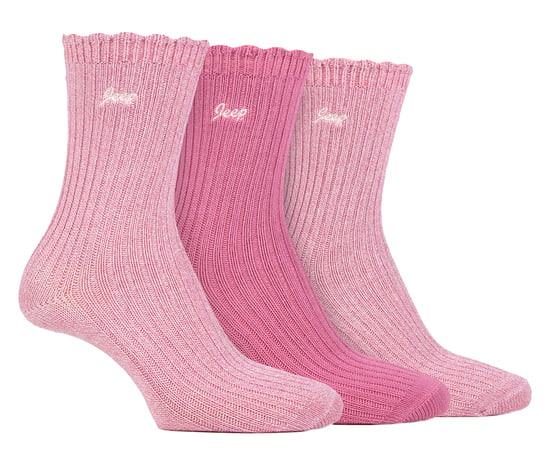 Frauen Bamboo Boot Socken | Jeep | Cute Ribbed Scalloped Ankle Socks für Damen, Anti Blister Knit gepolsterte Socken - Cerise / Creme - Image 1