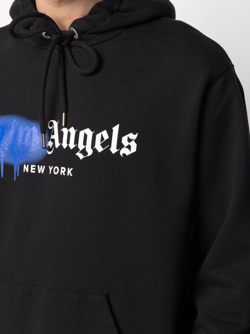 Palm Angels New York Blauer Gespritzt Logo-Druck Hoodie Schwarz - Image 4