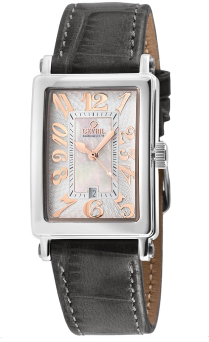 Gevril Ave of Americas Mini Women's Swiss Quartz White MOP Dial Watch, Genuine Charcoal Handmade Leather Watch