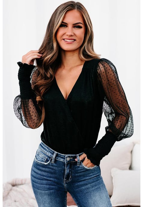 Damen-Bodysuit aus Netzstoff mit Überwurf in Schwarz - Image 3