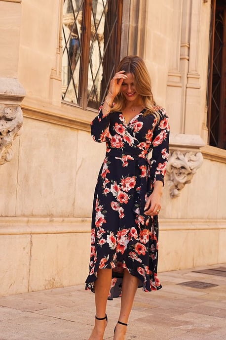 Black Floral Print Ruffle Hem Midi Wrap Dress