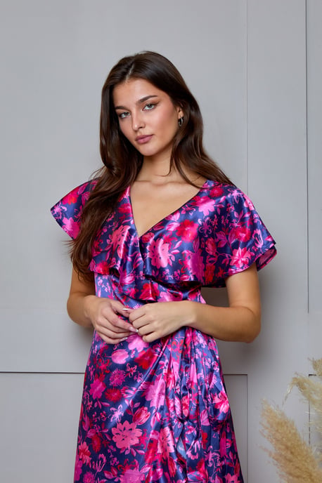 V Neck Floral Wrap Midi Dress in Multi