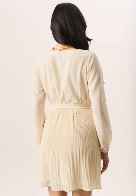 Pleated Long Sleeve Wrap Mini Dress