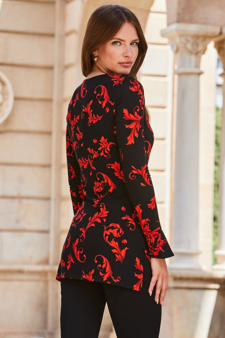 Black & Red Baroque Print Keyhole Detail Fluted Cuff Jersey Top