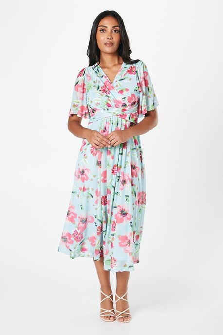 Petite Floral Mesh Twist Midi Dress