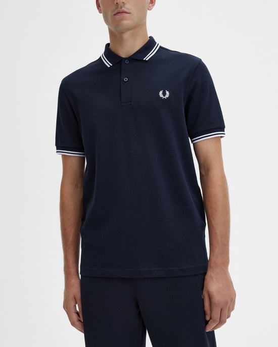 Fred Perry Herren Twin Tipped Poloshirt in Marineblau/Weiß/Weiß - Image 3