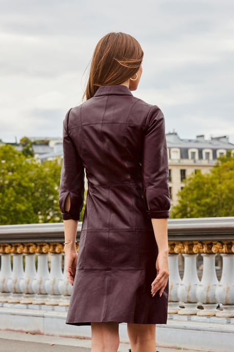 Burgundy Fluted Hem Leather Dress