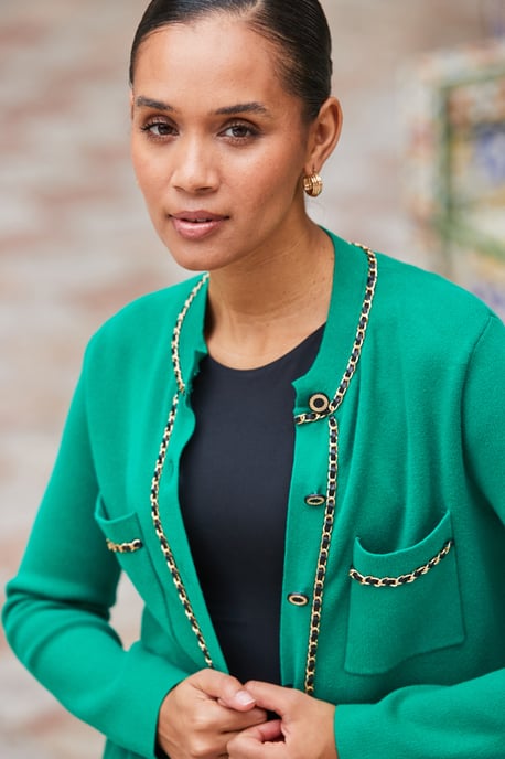 Green Pocket Front Cardigan With Chain Trim Detail