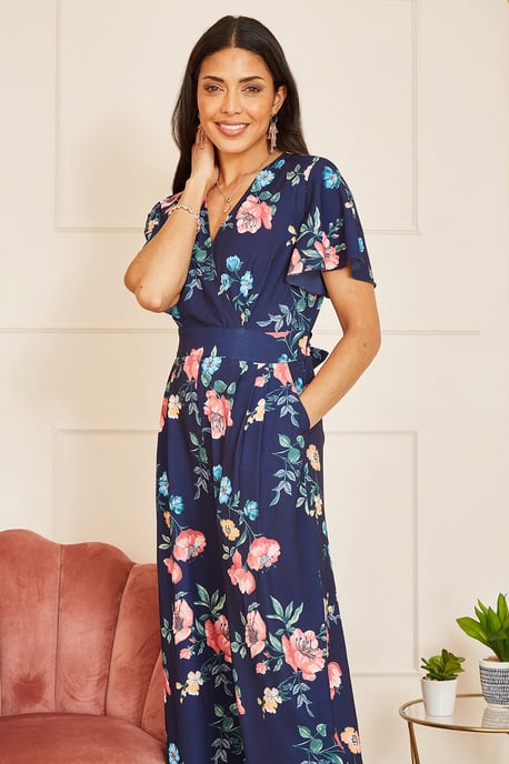Navy Floral Angel Sleeve Jumpsuit