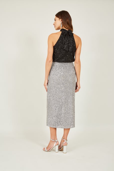 Silver Sequin Fitted Skirt With Front Slit