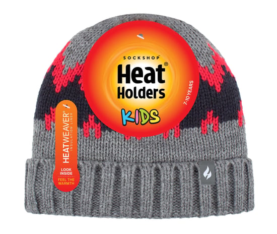 Wärmehalter - Jungen dicke gerippte gewebte gestrickte weiche Pom Pom Bobble Beanie Mütze - Pebble Melange/Rot/Navy - Image 2