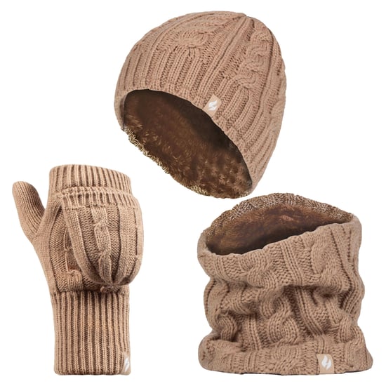 Heat Holders - Womens Thermal Winter Fleece Mütze, Halswärmer und Converter Handschuhe Set - Beige - Image 1