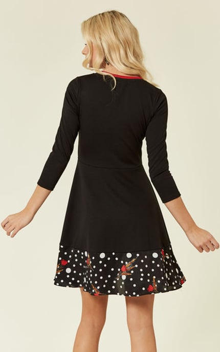 Pearls Dream Long Sleeve Mini Polka Dot Skater Dress in Black