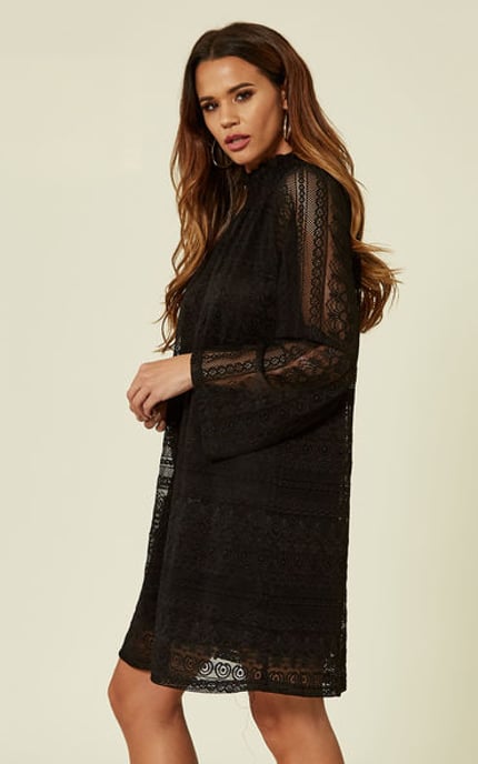 Layla Lace Longsleeve Shift Dress in Black
