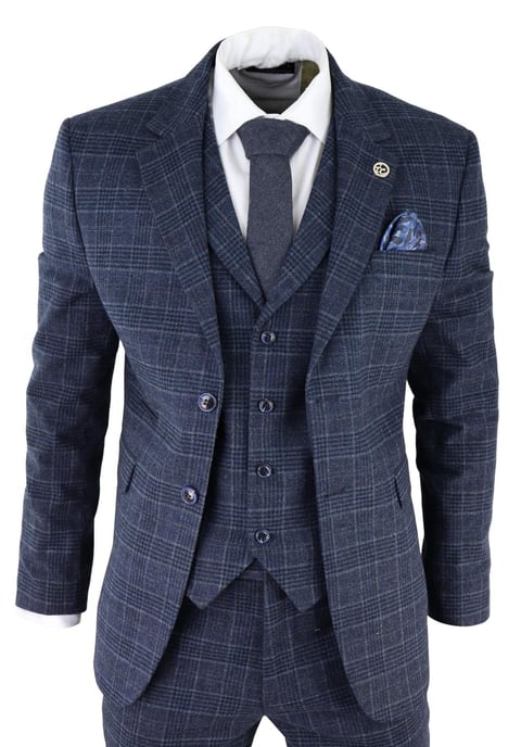 Herren Blaue Karierte 3-teilige Tweed-Anzug Peaky Blinders 1920er Gatsby Taillierte Passform - Image 1