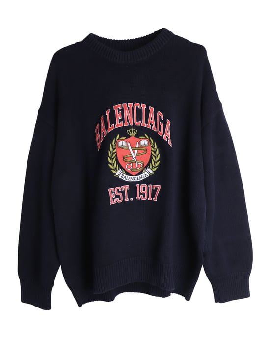 Balenciaga Übergroßer Bestickter College-Logo-Crewneck aus Baumwolle in Navy Blau - Image 1