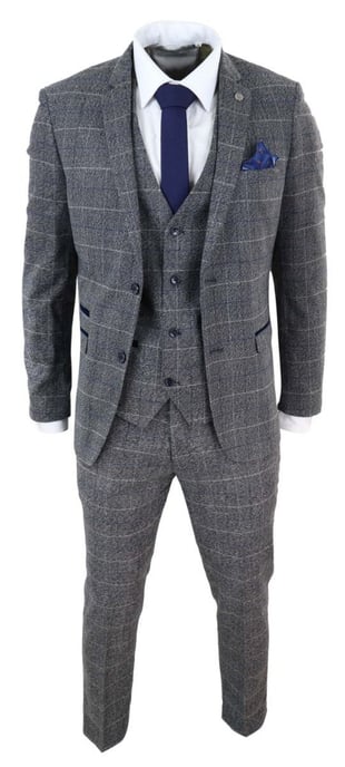 3-teiliger klassischer Anzug für Herren in Grau mit blauem Karomuster im Vintage-Stil - Image 2