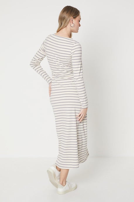 Stripe Asymetric Neck Long Sleeve Midi Dress