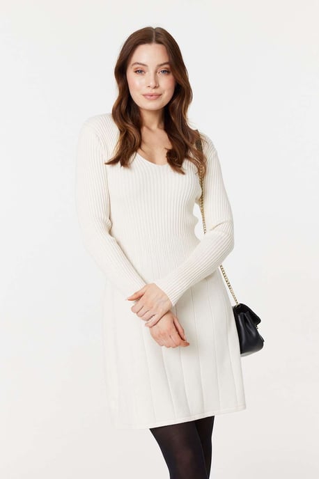 White Plain Ribbed Knit Mini Dress