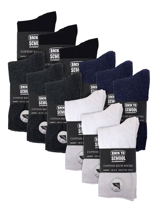 24 Paar Multipack Kinder-Schulsocken | Gestrickte einfarbige Baumwollsocken in Schwarz/Weiß/Grau/Marineblau für Jungen und Mädchen - Gemischt - Image 2