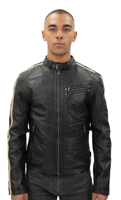Mens Cafe Racing Striped Leather Jacket-Marseille