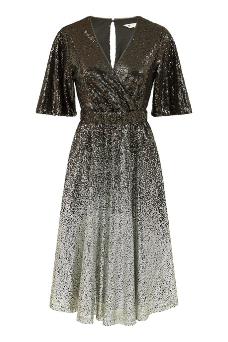 Black And Silver Ombre Sequin Midi Wrap Dress